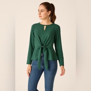 Allegra K Women’s Long Sleeve Tie Front Peplum Blouse Green Size XS NWOT